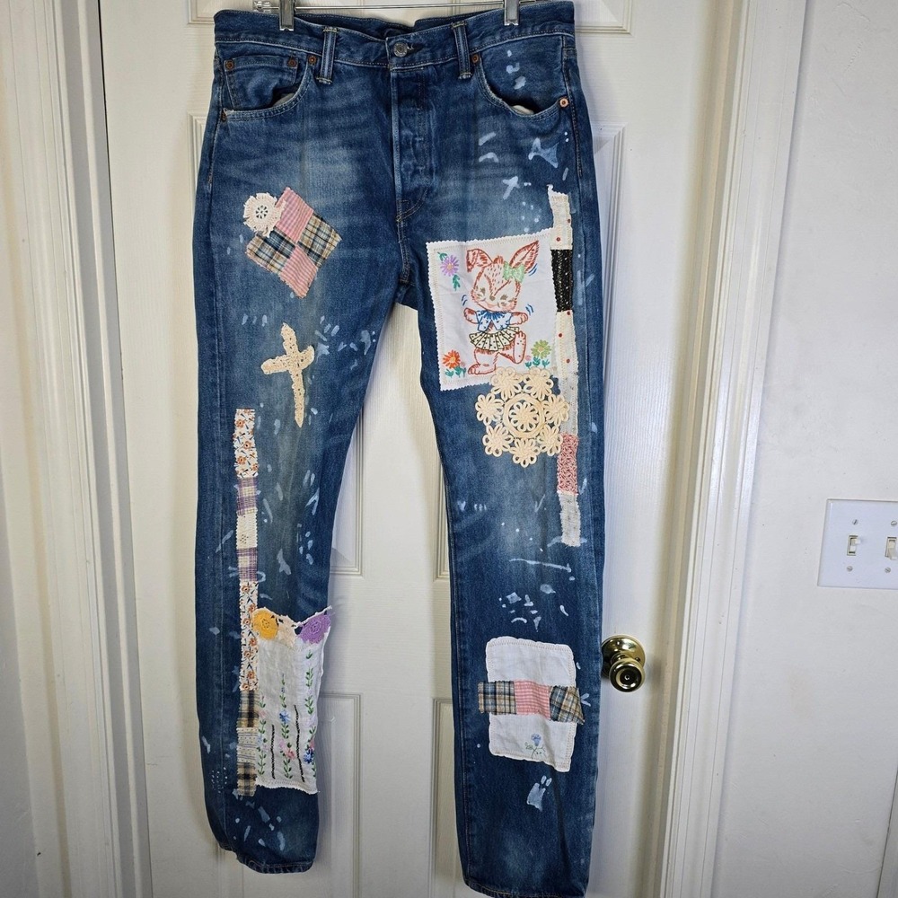 Patchwork Embroidered Jeans‎ Upcycled vintage linens lace Womens 34 x 36